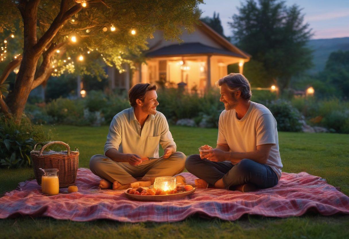 A warm, inviting scene of two adults over 40 enjoying a sunset picnic in a lush park, sharing laughter and intimate conversations. Include soft, glowing fairy lights hanging from nearby trees to create a cozy ambiance. Their expressions should reflect genuine connection and affection, accompanied by a comfortable blanket and delicious food. The background features gentle hills and vibrant greenery, adding a touch of nature's beauty. super-realistic. vibrant colors. warm tones.