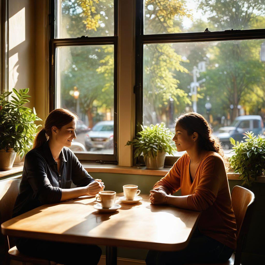 A serene and warm scene depicting two adults of diverse backgrounds sharing a heartfelt conversation in a cozy café setting, with soft sunlight streaming through the window. Include subtle elements symbolizing companionship, like intertwined hands on the table and a cup of steaming coffee, conveying warmth and connection. The background features plants and inviting décor, creating a welcoming atmosphere. soft focus. vibrant colors. warm tones.