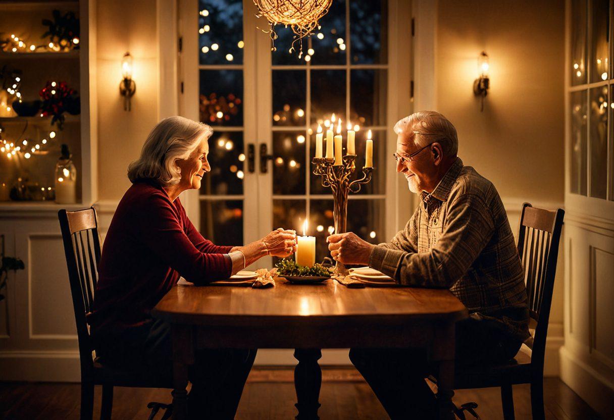 A cozy dinner scene featuring an older couple sharing a heartfelt moment over a candlelit table, surrounded by warm, inviting tones. Include elements that symbolize love and connection, like intertwined hands and soft, glowing fairy lights. Capture the essence of mature love with subtle hints of joy and wisdom in their expressions. super-realistic. warm colors. intimate atmosphere.